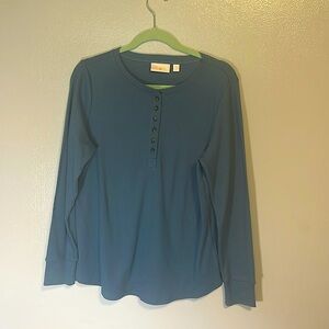 Belle by Kim Gravel Medium Knit Henley. Color: Steele Blue